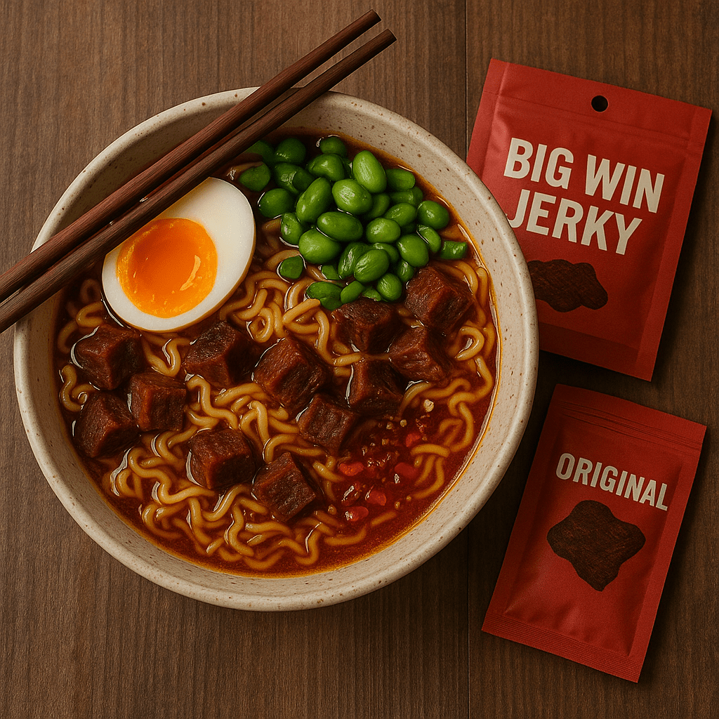 Bowl of ramen with jerky slices, scallions, and soft egg