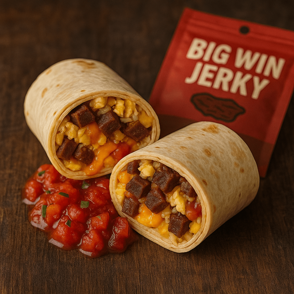 Breakfast burrito cut in half with jerky, eggs, and potatoes